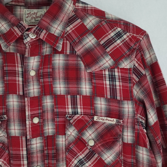 Lucky Brand Dungarees Western Pearl Snap Plaid Patchwork Shirt - Picture 2 of 9